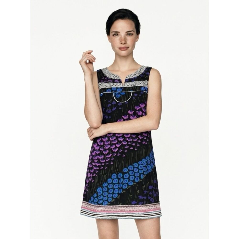 FREE PEOPLE | Floral Black Blue Purple Dress Multicolor Trim Women’s Size 0